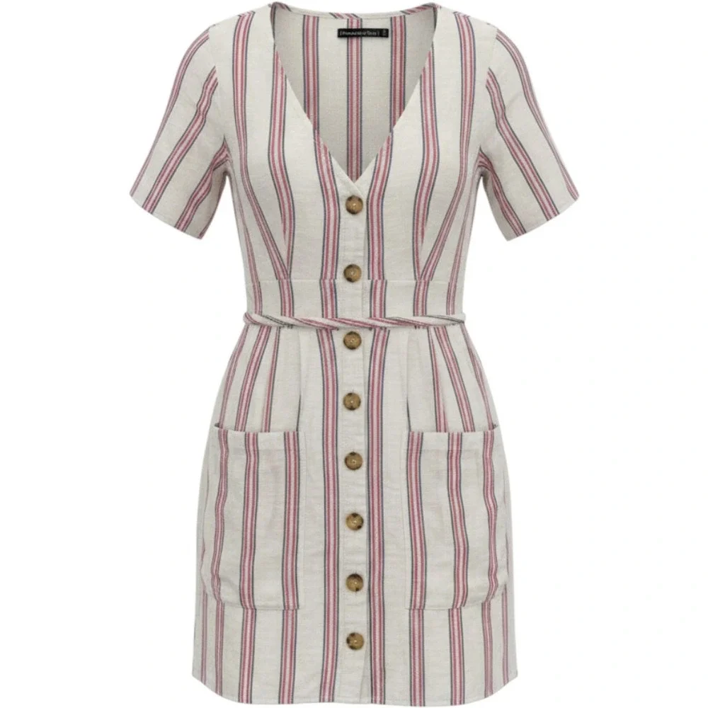 Abercrombie & Fitch Button Front Dress Women Sz S Striped V-Neck Mini Tie Waist